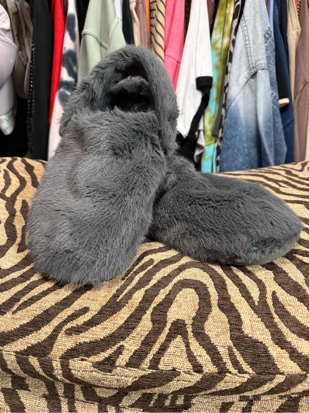 CROCS Women's Plush Fuzzy Slip-On Slippers in Charcoal